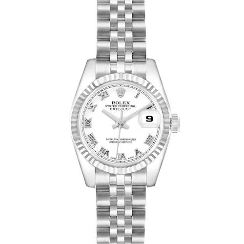 The Rolex Datejust 179174 Women's Stainless Steel White Dial watch is shown from a top-down angle, highlighting the face, bezel, crown, and Jubilee bracelet.
