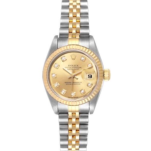 The image shows a front view of a Rolex Datejust 79173 Women's Stainless Steel Champagne Dial 79173 Women's Stainless Steel Champagne Dial model, displaying its dial, bezel, and bracelet.