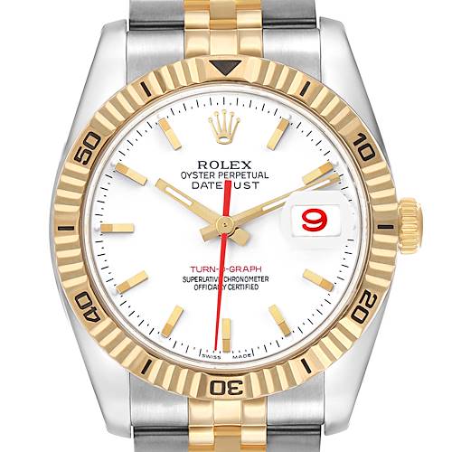 The Rolex Datejust 116263 Men's Steel and Gold (two tone) White Dial is shown from a front angle, highlighting its two-tone bezel, dial, hands, date window, and part of the bracelet.