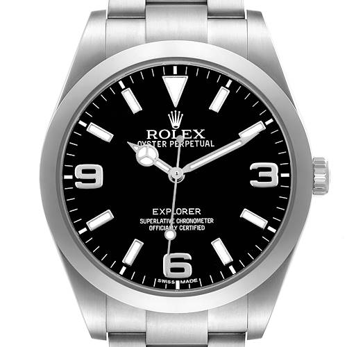 The Rolex Explorer 214270 Men's Stainless Steel Black Dial watch is shown from a frontal angle, displaying the face, bezel, crown, and part of the bracelet.
