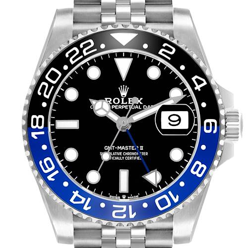 The image shows a front view of a Rolex GMT-Master 126710 Men's Stainless Steel Black Dial II, highlighting the bezel, dial, hands, and date display.