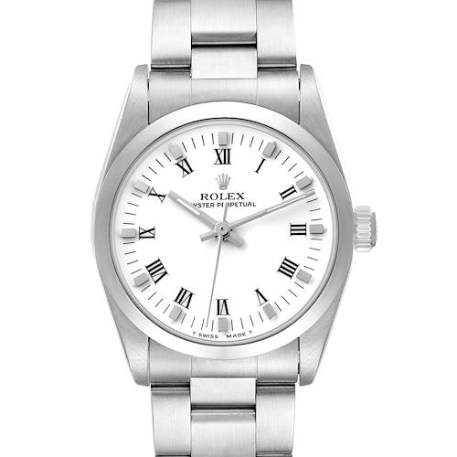 The Rolex Oyster Perpetual 67480 Women's Stainless Steel White Dial watch is shown from a direct front angle, highlighting the dial, case, and bracelet.