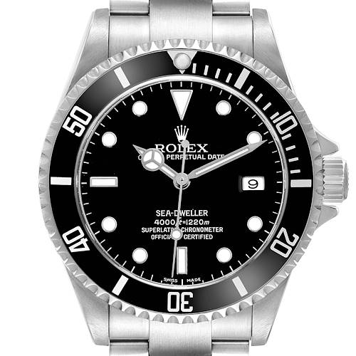 The Rolex Sea-Dweller 16600 Men's Stainless Steel Black Dial is shown from the front, highlighting its bezel, dial, crown, and bracelet.
