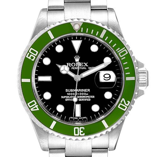 This image shows a front view of a Rolex Submariner 16610LV Men's Stainless Steel Black Dial 16610LV Men's Stainless Steel Black Dial watch, highlighting its green bezel, date window, and black dial.