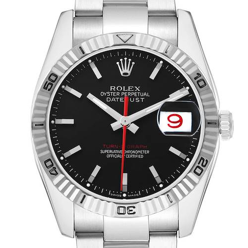 The Rolex Turn-o-Graph 116264 Men's Stainless Steel Black Dial watch is shown from a frontal angle, displaying the dial, bezel, and part of the bracelet.