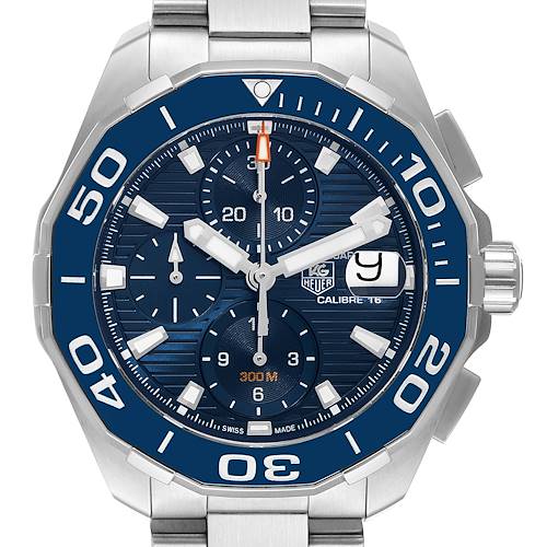 The image shows a front-facing view of a Tag Heuer Aquaracer CAY211B.BA0927 Men's Stainless Steel Blue Dial CAY211B.BA0927 Men's Stainless Steel Blue Dial watch, displaying its stainless steel case, bezel, and dial.
