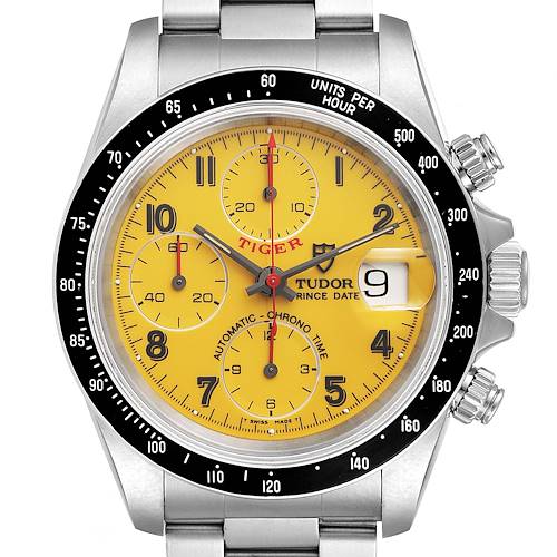 The image shows a frontal view of a Tudor Tiger 79260 Men's Stainless Steel Yellow Dial 79260 Men's Stainless Steel Yellow Dial model watch, highlighting its yellow dial, chronograph subdials, and date window.