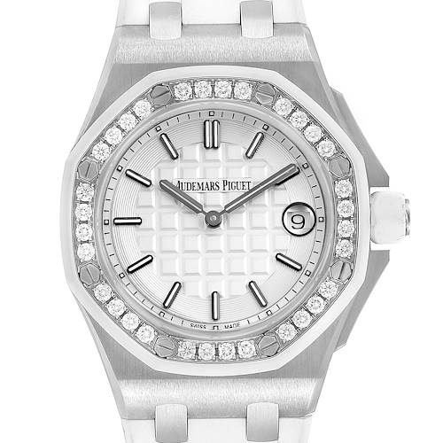 This image shows a frontal view of the Audemars Piguet Royal Oak Offshore 67540SK.ZZ.A010CA.01 Women's Stainless Steel Silver Dial 67540SK.ZZ.A010CA.01 Women's Stainless Steel Silver Dial watch, featuring the dial, bezel, and part of the strap.