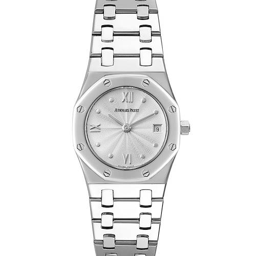 The image shows a front view of the Audemars Piguet Royal Oak 67470ST.PP.1120ST.02 Women's Stainless Steel Silver Dial 67470ST.PP.1120ST.02 Women's Stainless Steel Silver Dial model, including the bracelet, case, dial, and crown.