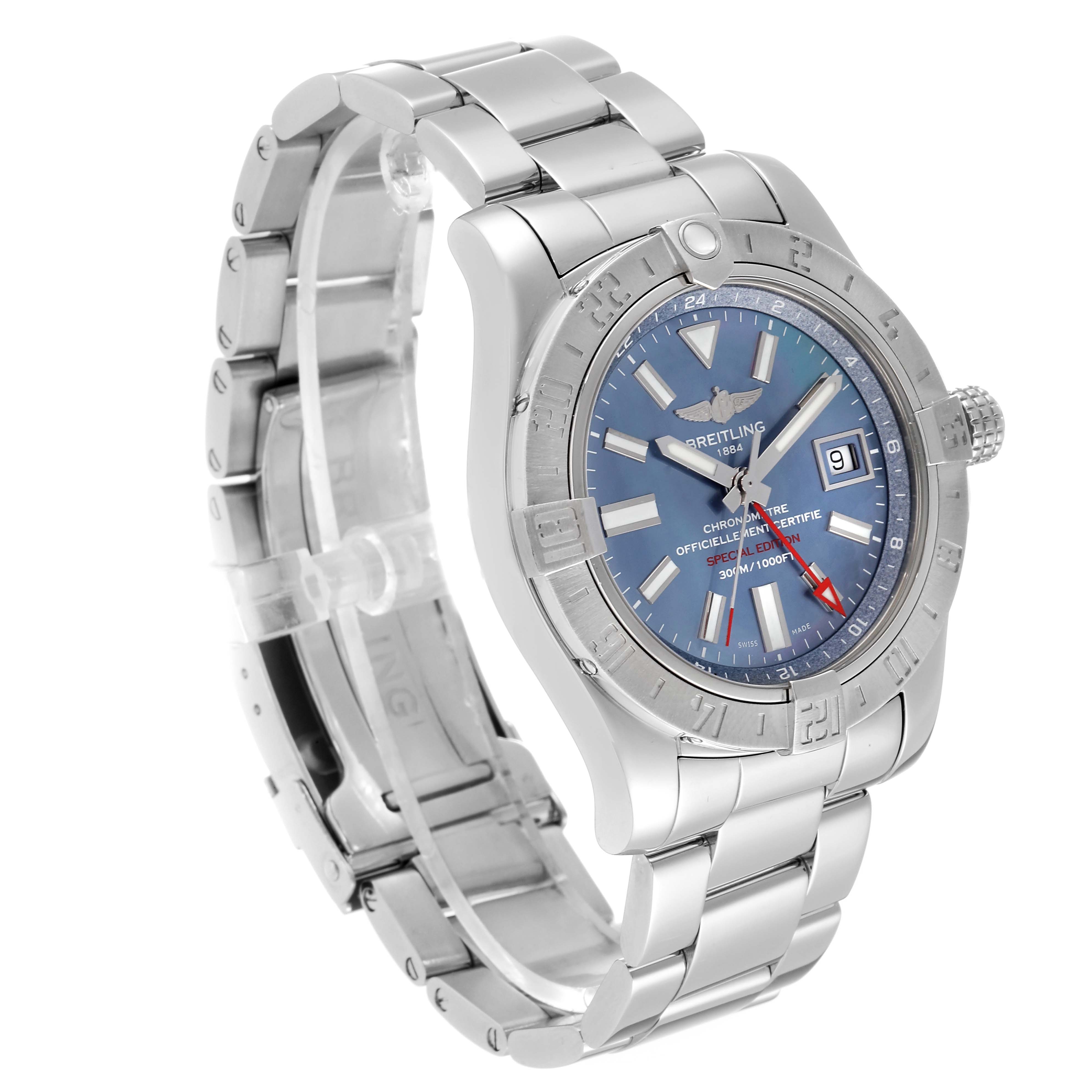 The image shows a side angle view of the Breitling Avenger A3239011-C872-170A Men's Stainless Steel Mother of Pearl Dial A3239011-C872-170A Men's Stainless Steel Mother of Pearl Dial watch, displaying its face, crown, bezel, and metal bracelet.