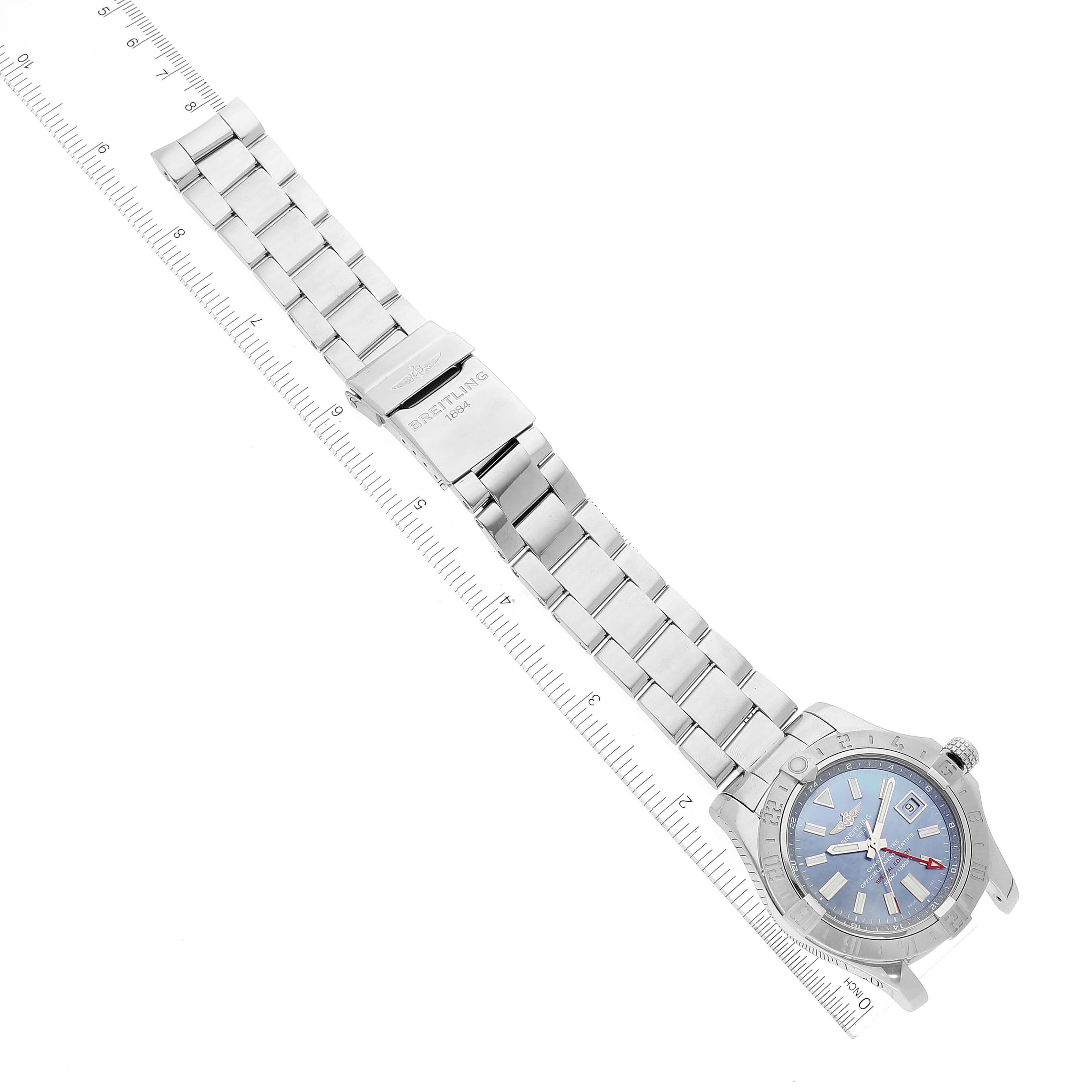 The image shows a top-down view of a Breitling Avenger A3239011-C872-170A Men's Stainless Steel Mother of Pearl Dial A3239011-C872-170A Men's Stainless Steel Mother of Pearl Dial watch, highlighting its blue dial, stainless steel bracelet, and clasp.