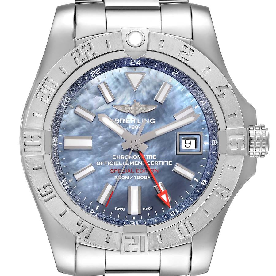 The Breitling Avenger A3239011-C872-170A Men's Stainless Steel Mother of Pearl Dial A3239011-C872-170A Men's Stainless Steel Mother of Pearl Dial watch is shown from a straight-on angle, displaying the dial, bezel, hands, and part of the bracelet.