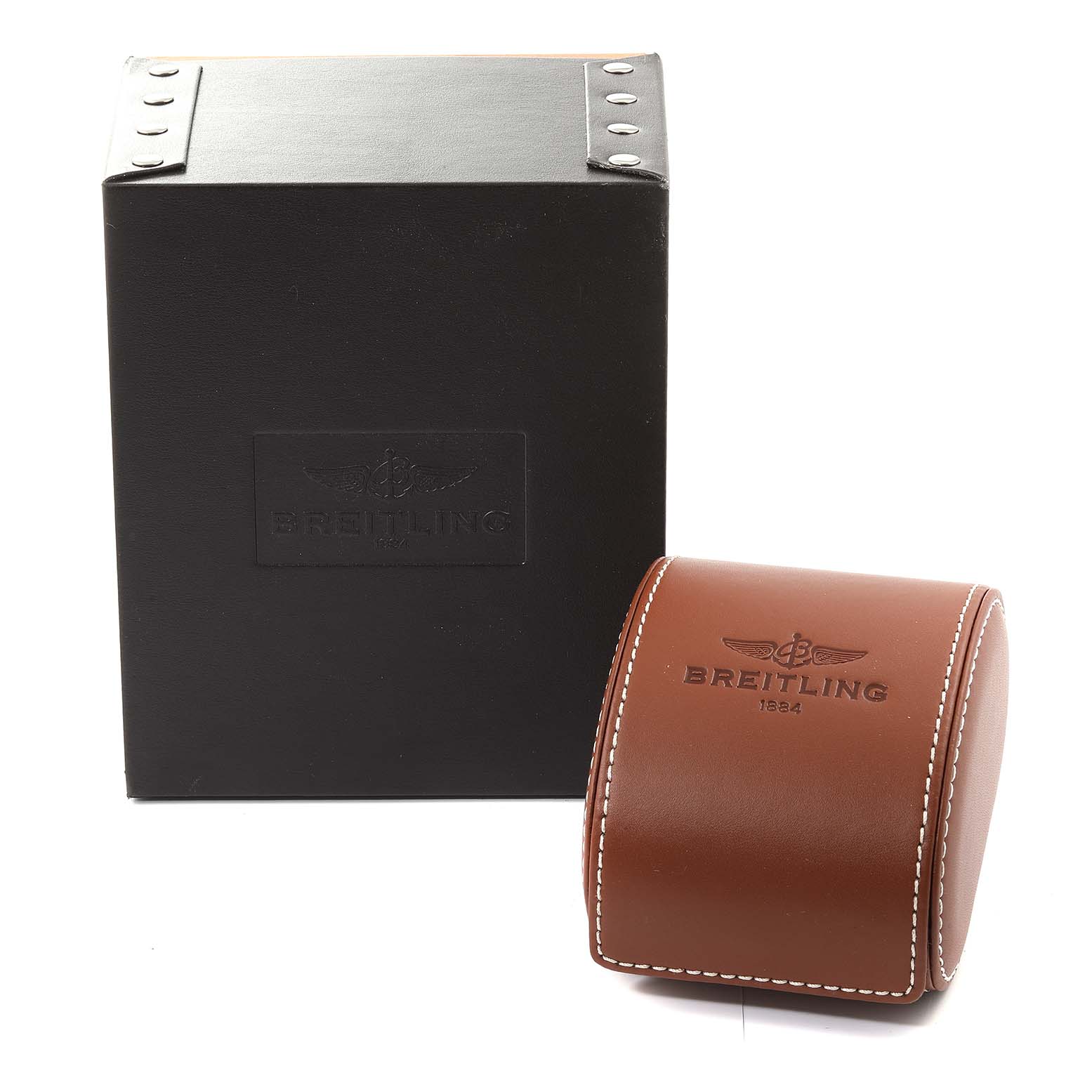 This image shows the packaging for a Breitling Avenger A3239011-C872-170A Men's Stainless Steel Mother of Pearl Dial A3239011-C872-170A Men's Stainless Steel Mother of Pearl Dial watch, including a black box and a brown leather case.