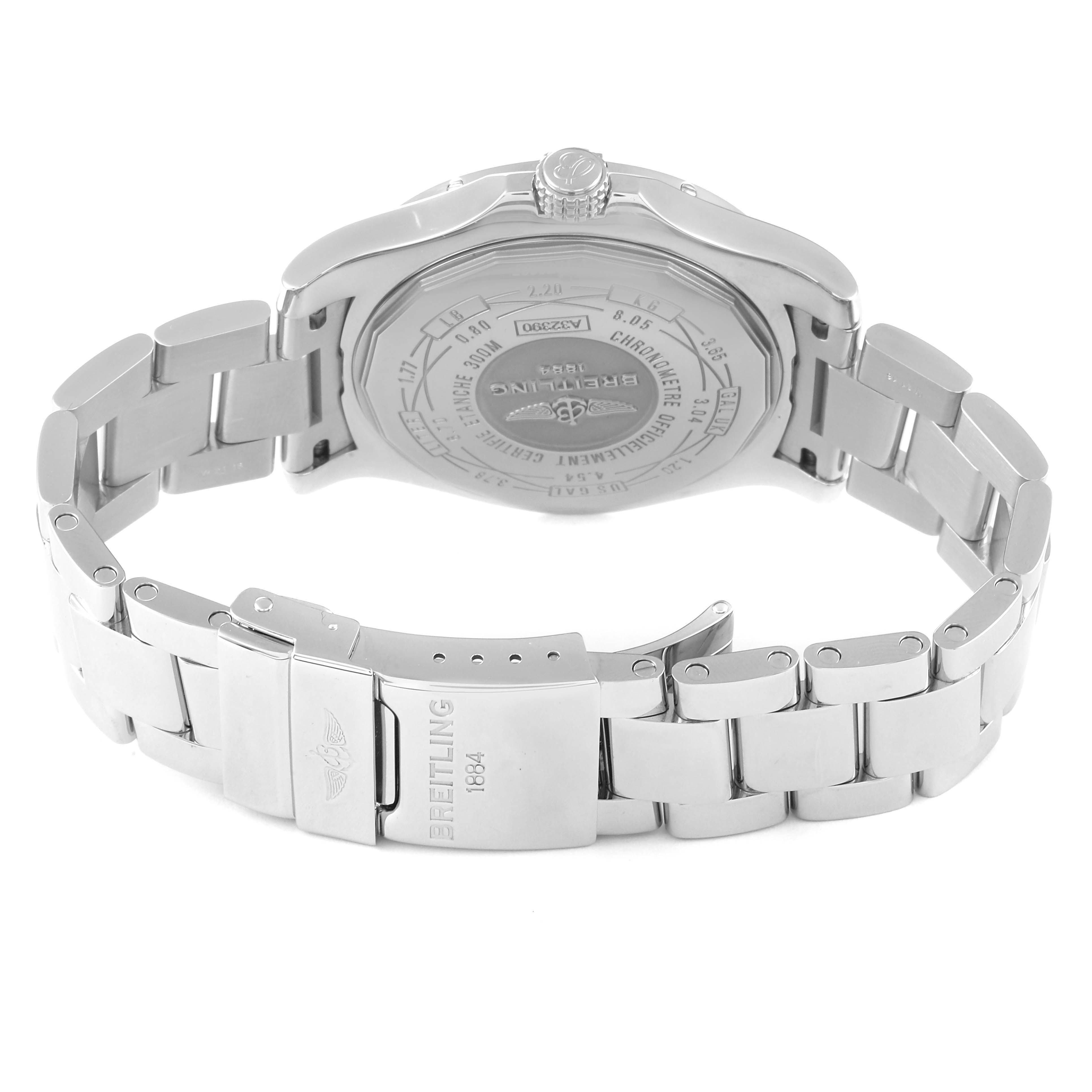 The image shows the back view of a Breitling Avenger A3239011-C872-170A Men's Stainless Steel Mother of Pearl Dial A3239011-C872-170A Men's Stainless Steel Mother of Pearl Dial watch, highlighting the case back and stainless steel bracelet with a clasp.