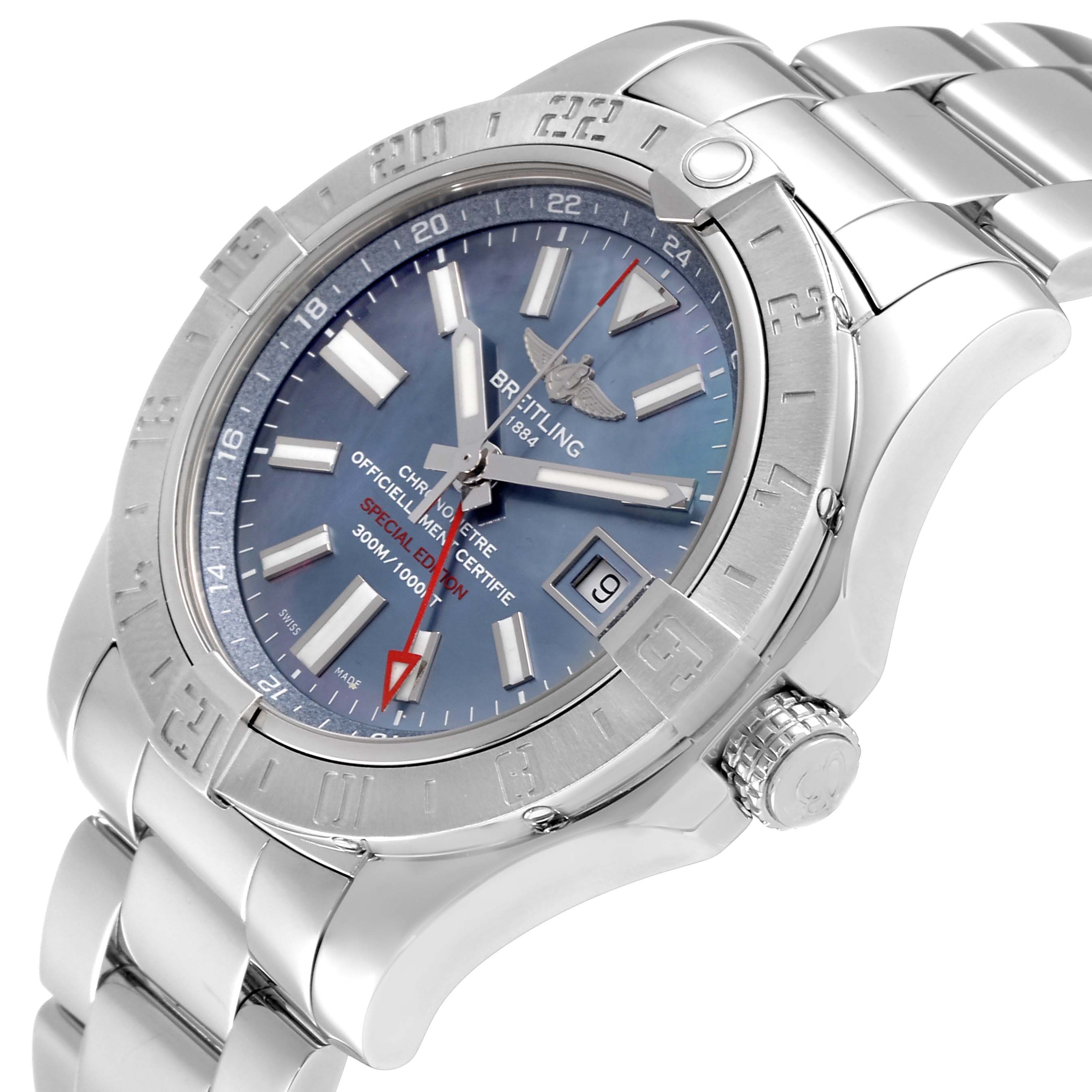 The image shows a close-up, angled view of a Breitling Avenger A3239011-C872-170A Men's Stainless Steel Mother of Pearl Dial A3239011-C872-170A Men's Stainless Steel Mother of Pearl Dial watch, highlighting the dial, bezel, and bracelet.