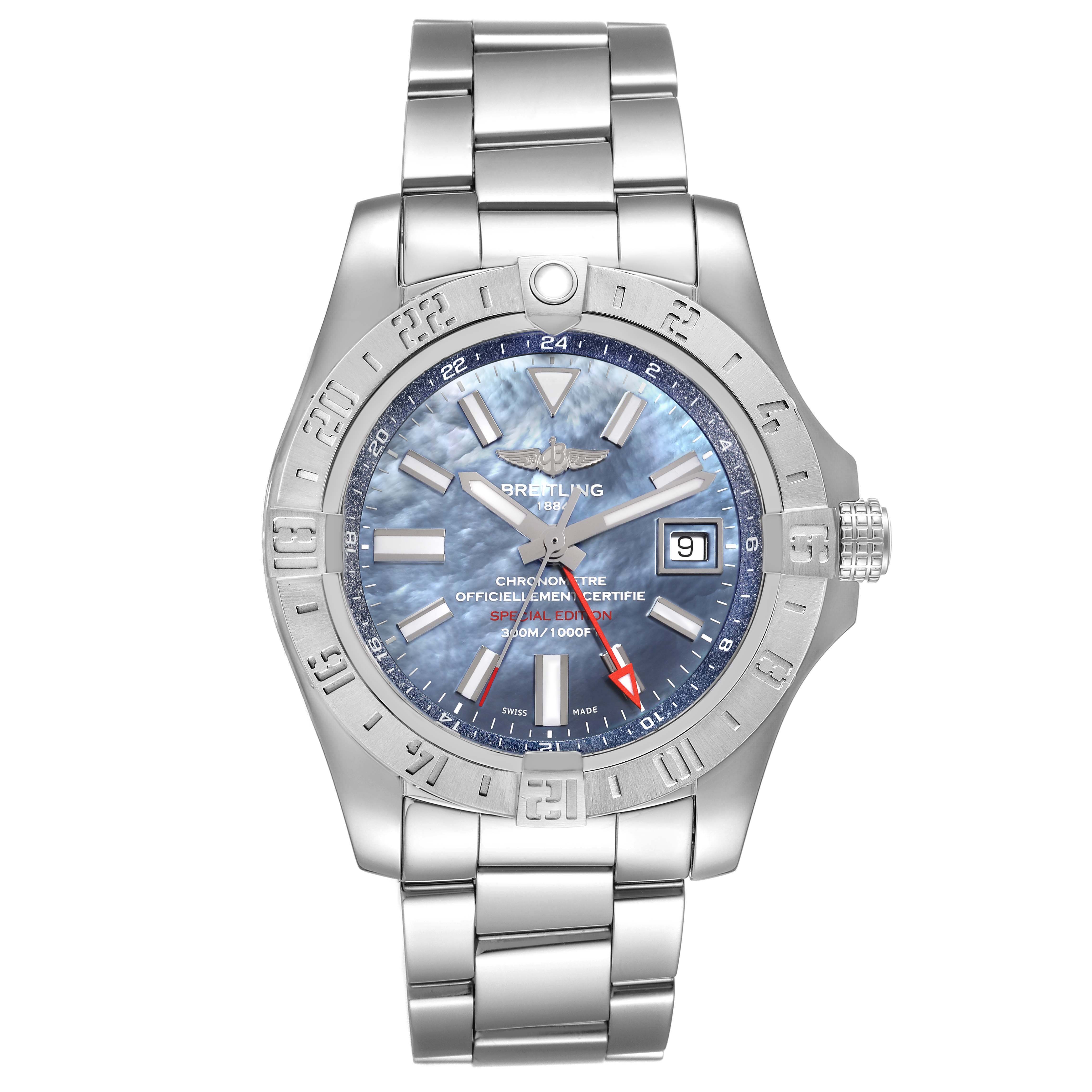 This image shows the front view of the Breitling Avenger A3239011-C872-170A Men's Stainless Steel Mother of Pearl Dial A3239011-C872-170A Men's Stainless Steel Mother of Pearl Dial watch, displaying its face, bezel, and stainless steel bracelet.