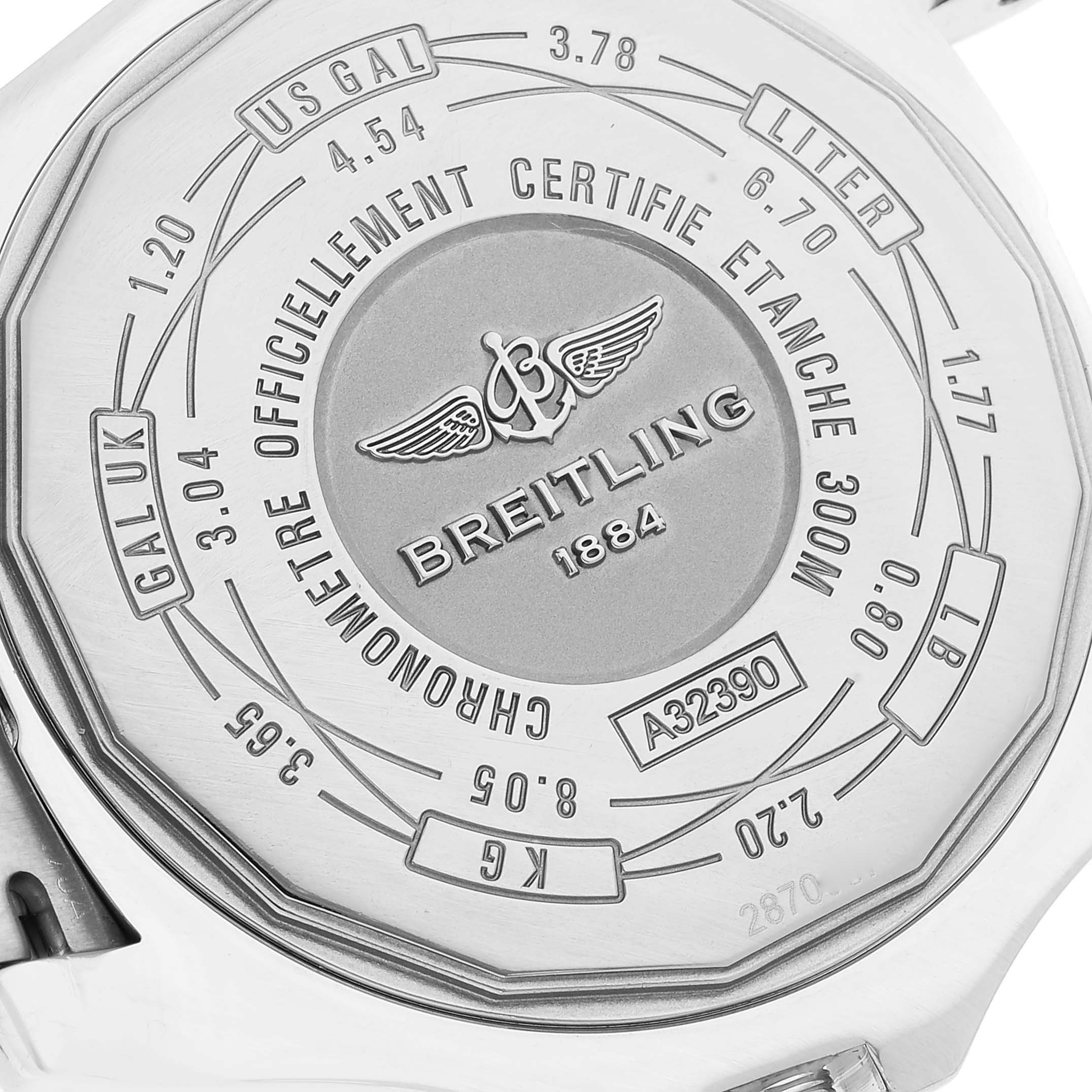 The image shows the back side of a Breitling Avenger A3239011-C872-170A Men's Stainless Steel Mother of Pearl Dial A3239011-C872-170A Men's Stainless Steel Mother of Pearl Dial watch, displaying its certification and various measurements.