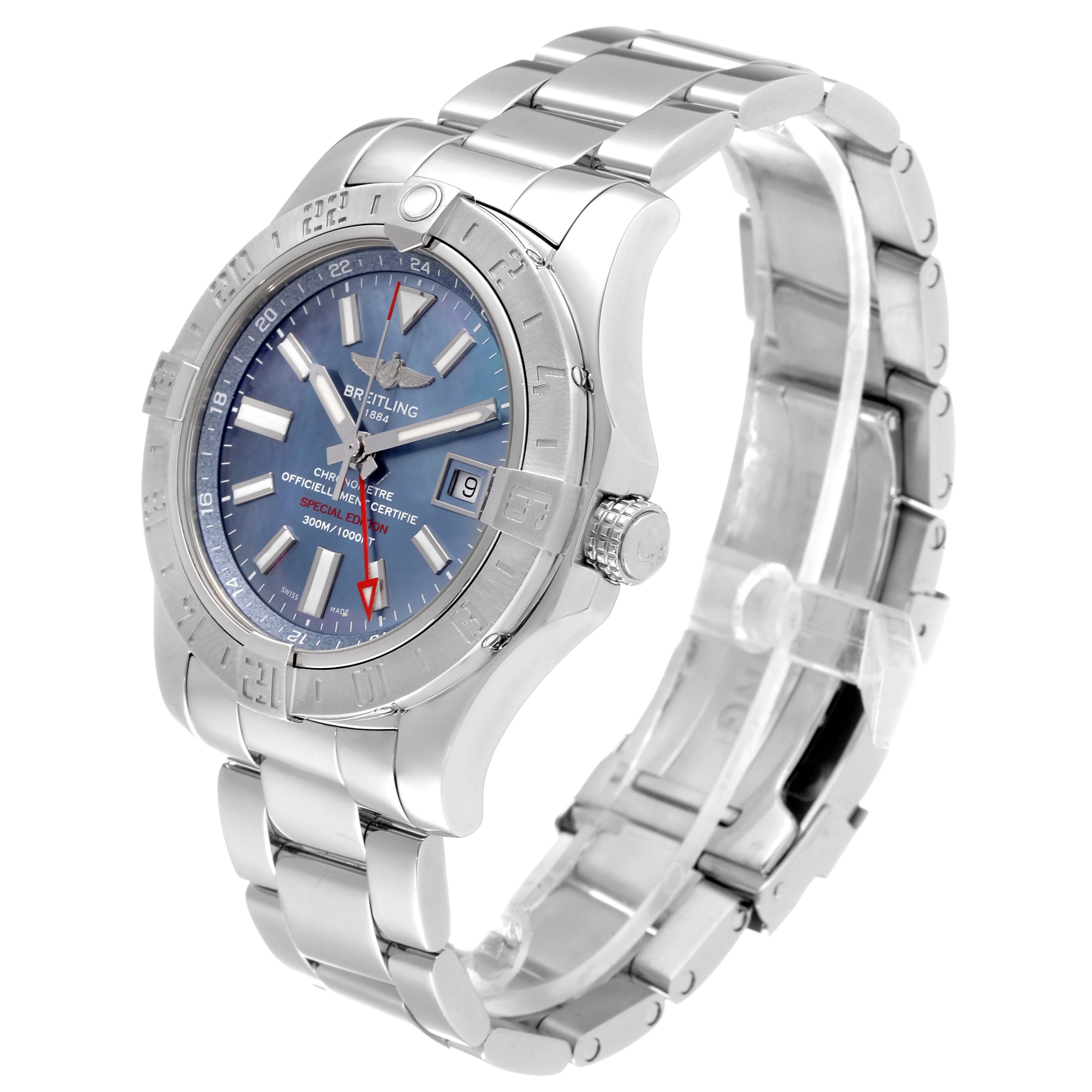 The image shows a side and front angle of the Breitling Avenger A3239011-C872-170A Men's Stainless Steel Mother of Pearl Dial A3239011-C872-170A Men's Stainless Steel Mother of Pearl Dial watch, highlighting its bezel, dial, and metal bracelet.