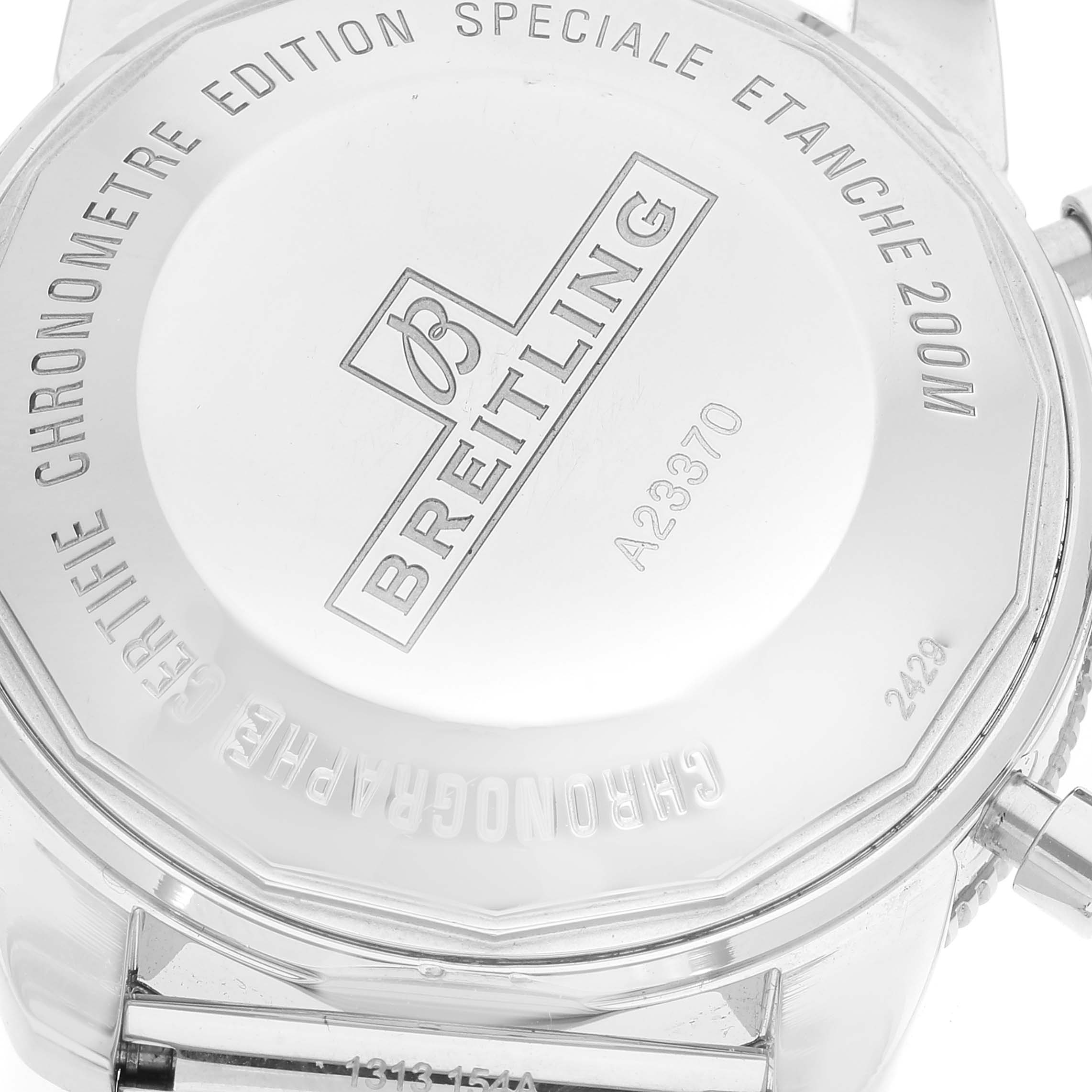 This image shows the back case of a Breitling Superocean A23370 Men's Stainless Steel Silver Dial A23370 Men's Stainless Steel Silver Dial watch from a top-down angle.