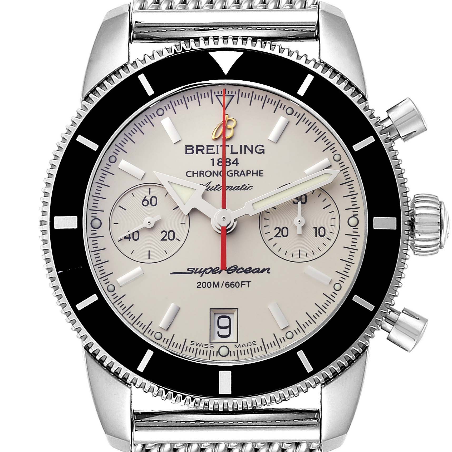 The image shows a front view of the Breitling Superocean A23370 Men's Stainless Steel Silver Dial A23370 Men's Stainless Steel Silver Dial Chronographe watch, highlighting its face, bezel, and bracelet.