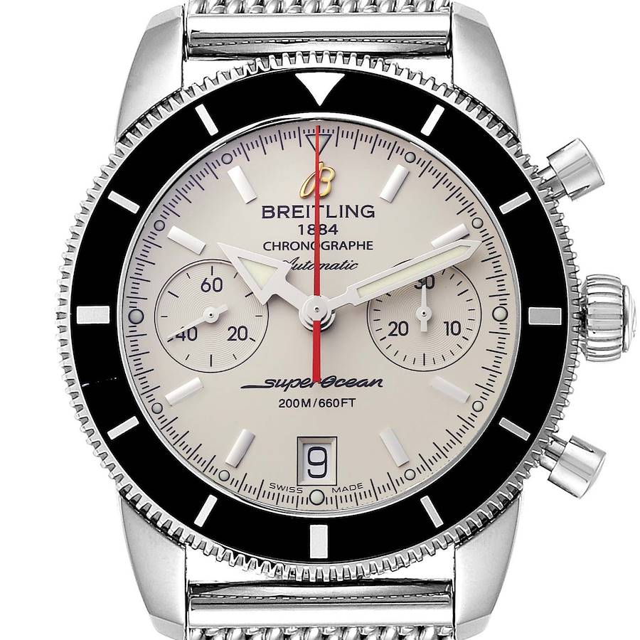The image shows a front view of the Breitling Superocean A23370 Men's Stainless Steel Silver Dial A23370 Men's Stainless Steel Silver Dial Chronographe watch, highlighting its face, bezel, and bracelet.
