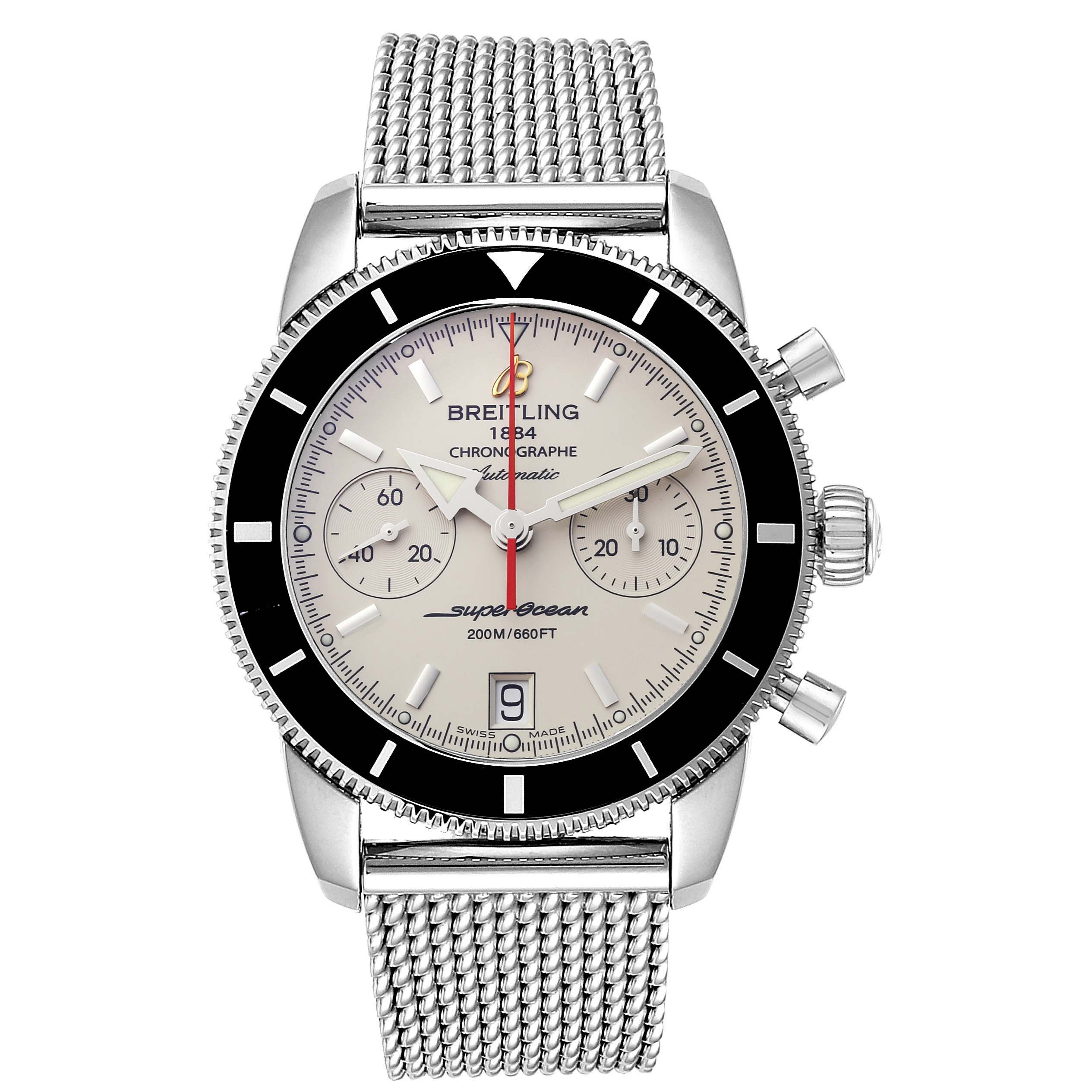The image shows the front view of the Breitling Superocean A23370 Men's Stainless Steel Silver Dial A23370 Men's Stainless Steel Silver Dial watch, displaying the face, bezel, crown, pushers, and mesh band.