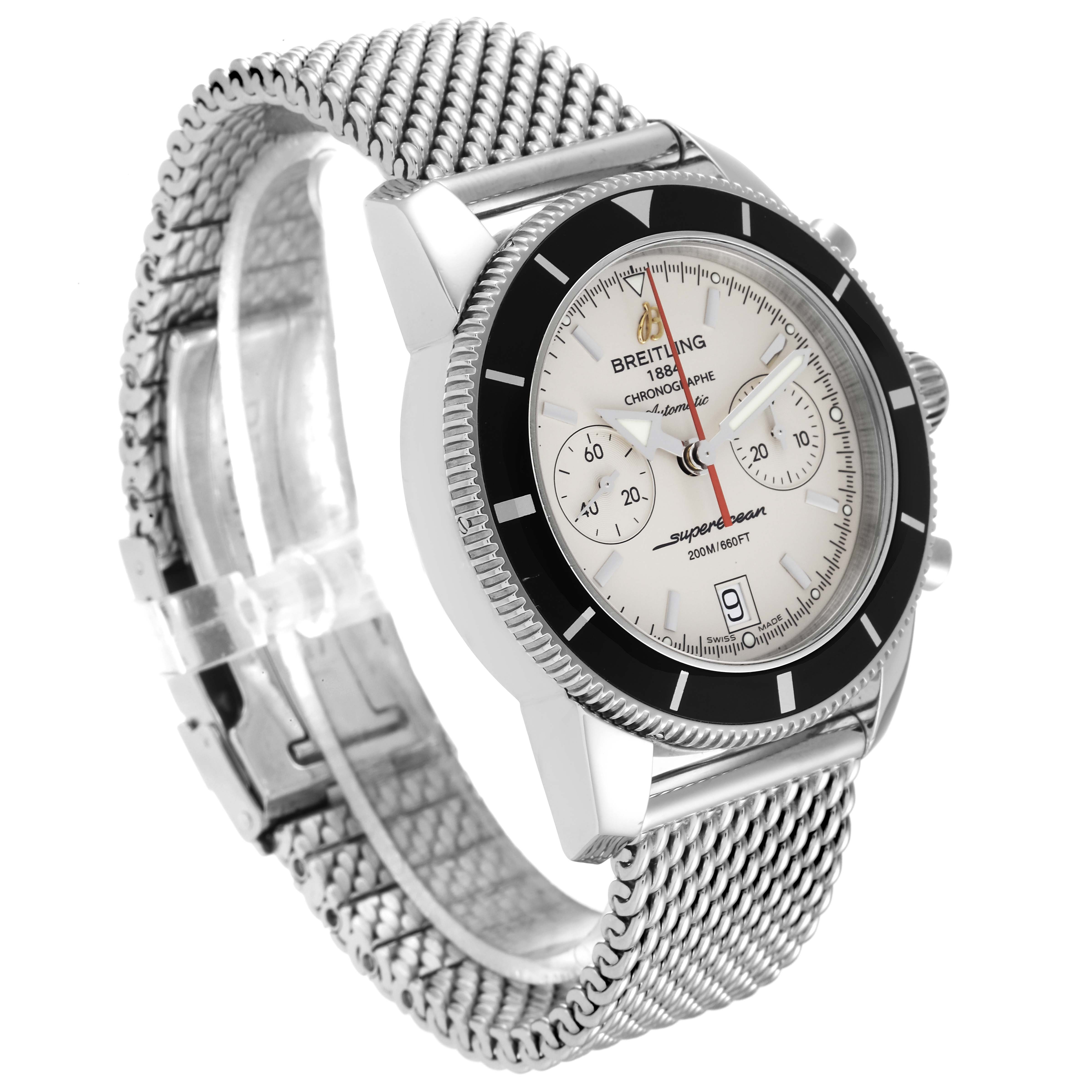 The Breitling Superocean A23370 Men's Stainless Steel Silver Dial A23370 Men's Stainless Steel Silver Dial watch is shown at a three-quarter angle, highlighting its face, bezel, and metal mesh bracelet.