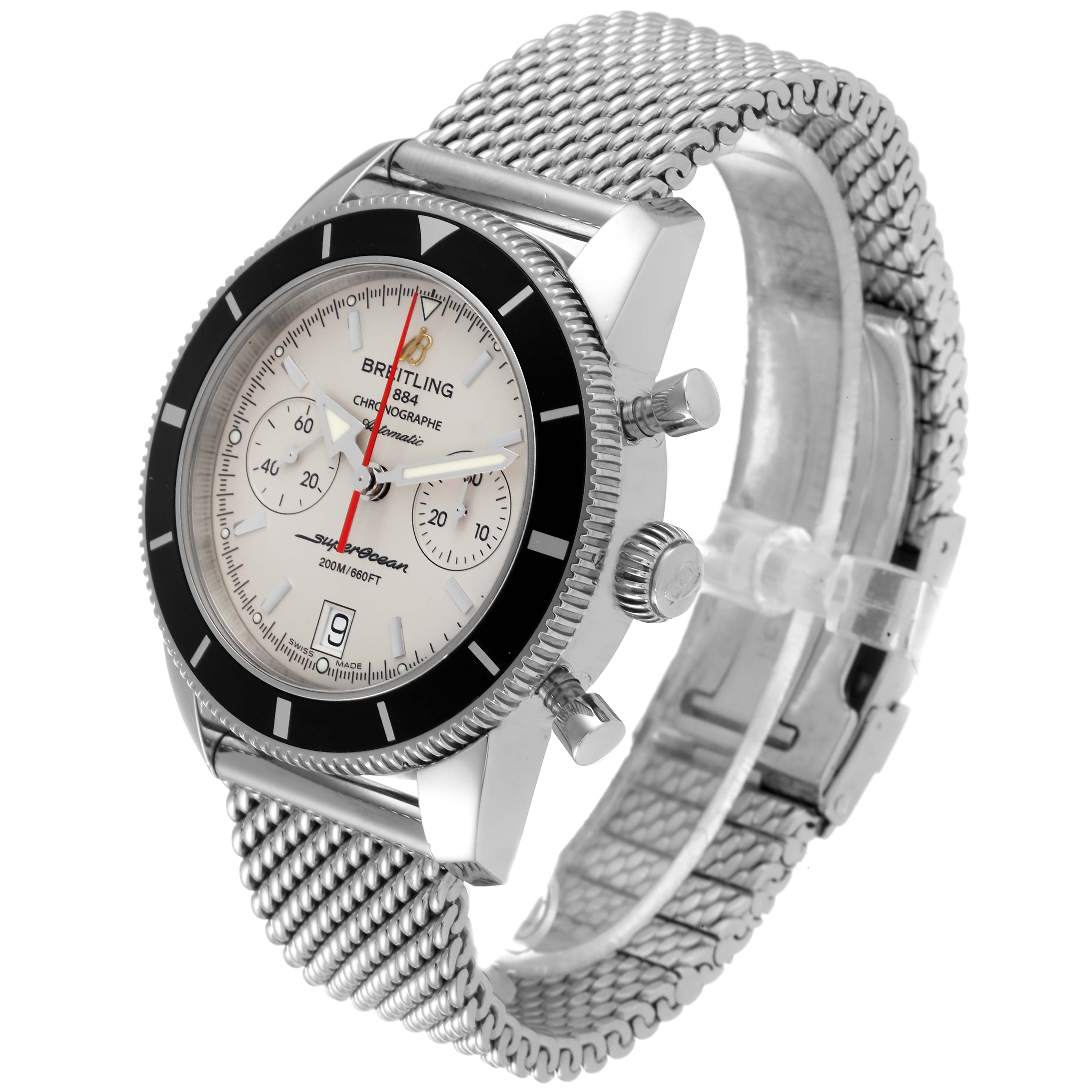 The image shows a Breitling Superocean A23370 Men's Stainless Steel Silver Dial A23370 Men's Stainless Steel Silver Dial watch at a three-quarter angle, highlighting its mesh band, dial, and crown.