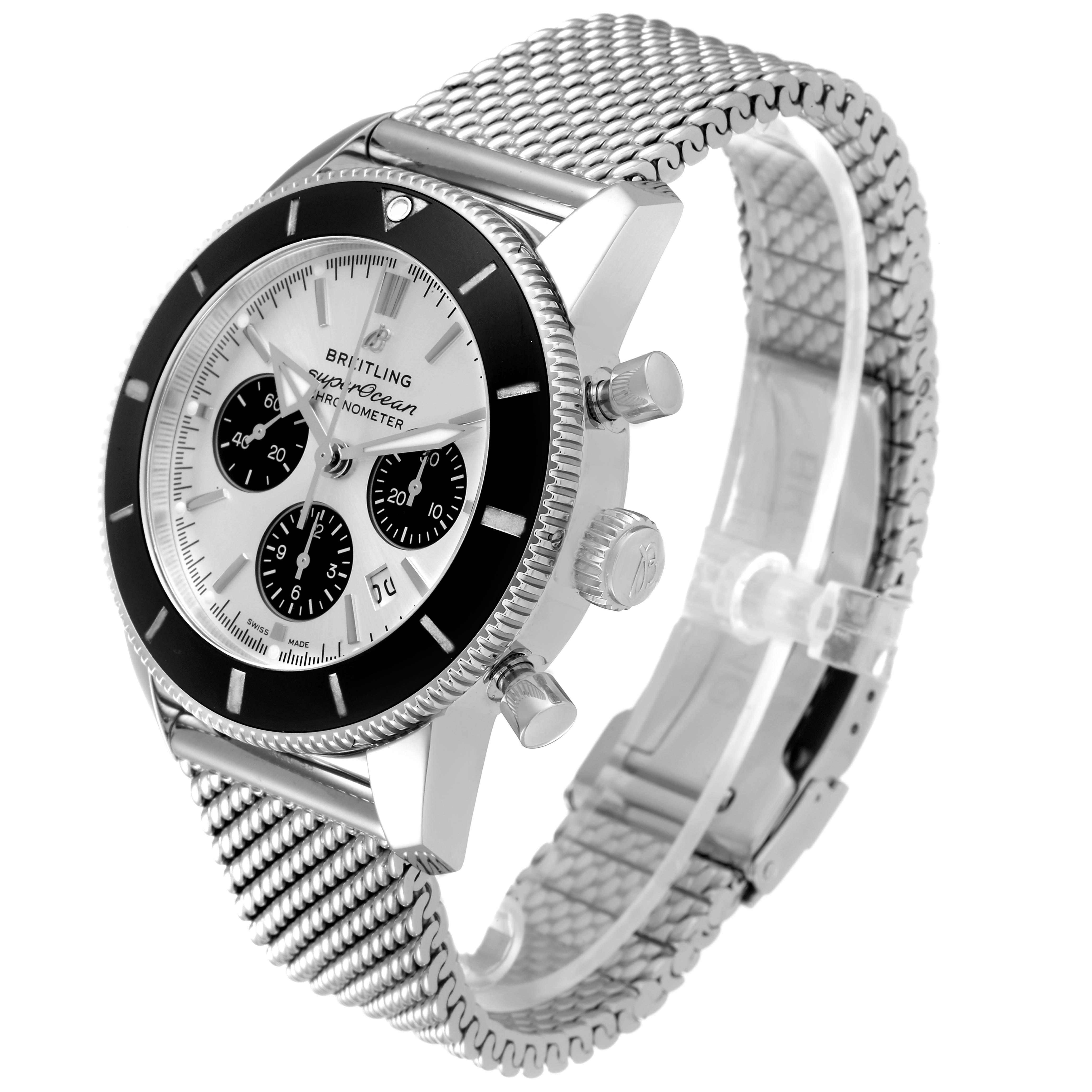 The image shows a Breitling Superocean AB0162 Men's Stainless Steel Silver Dial AB0162 Men's Stainless Steel Silver Dial watch from an overhead angle, highlighting its face, bezel, pushers, crown, and mesh strap.
