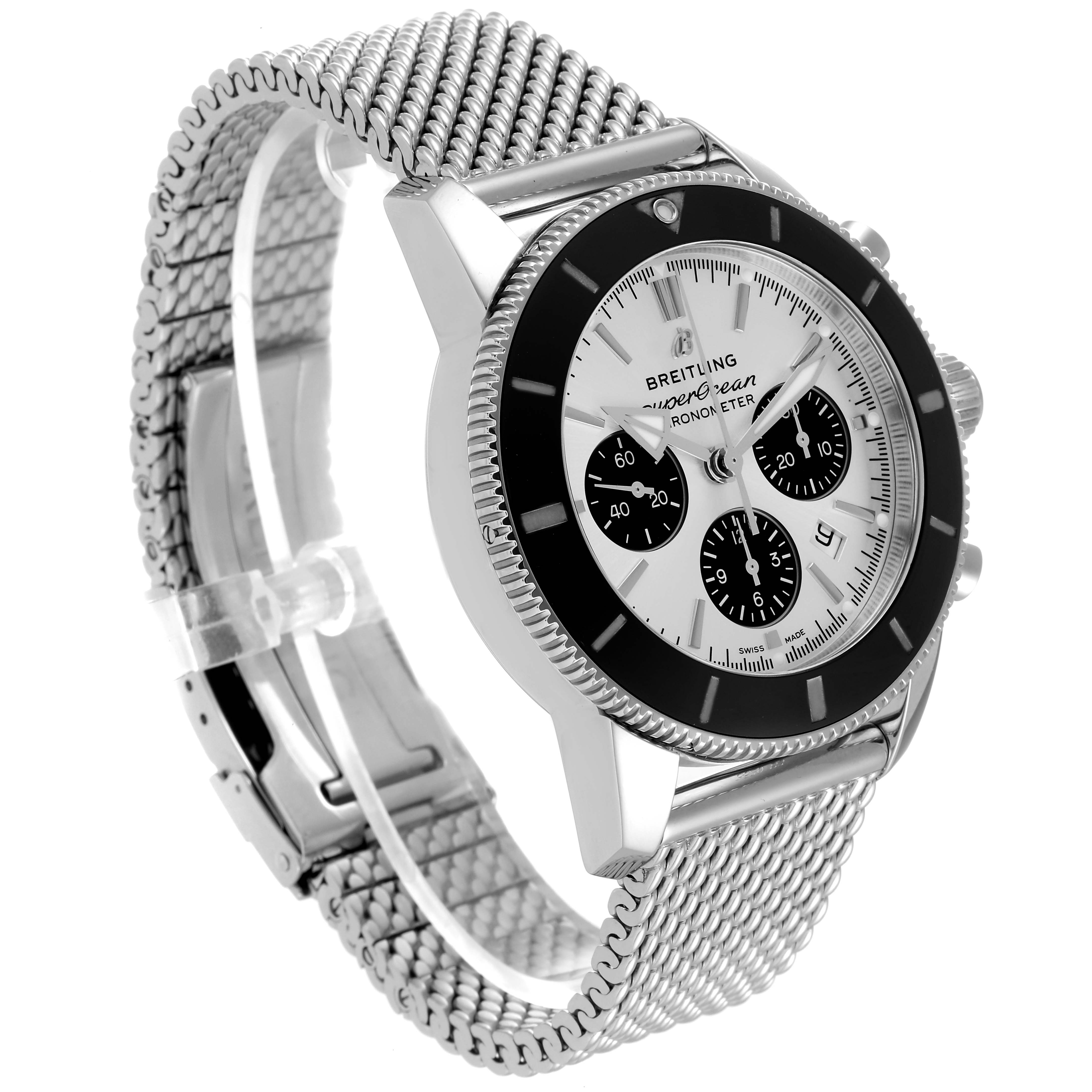 This image shows a side angle of a Breitling Superocean AB0162 Men's Stainless Steel Silver Dial AB0162 Men's Stainless Steel Silver Dial watch, highlighting the face, bezel, crown, and mesh band.