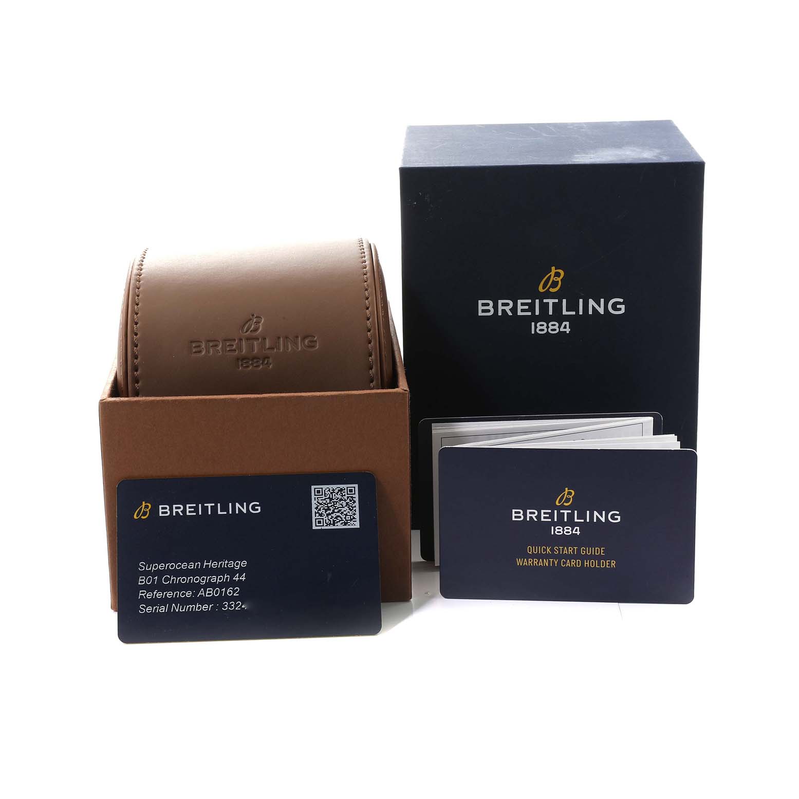 The image shows the packaging, warranty card, quick start guide, and a box for the Breitling Superocean AB0162 Men's Stainless Steel Silver Dial AB0162 Men's Stainless Steel Silver Dial model.