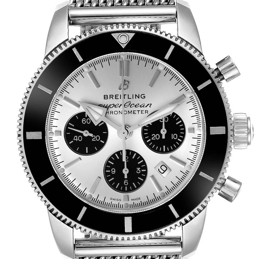 The Breitling Superocean AB0162 Men's Stainless Steel Silver Dial AB0162 Men's Stainless Steel Silver Dial watch is shown from a front angle, highlighting its dial, bezel, and metal strap.