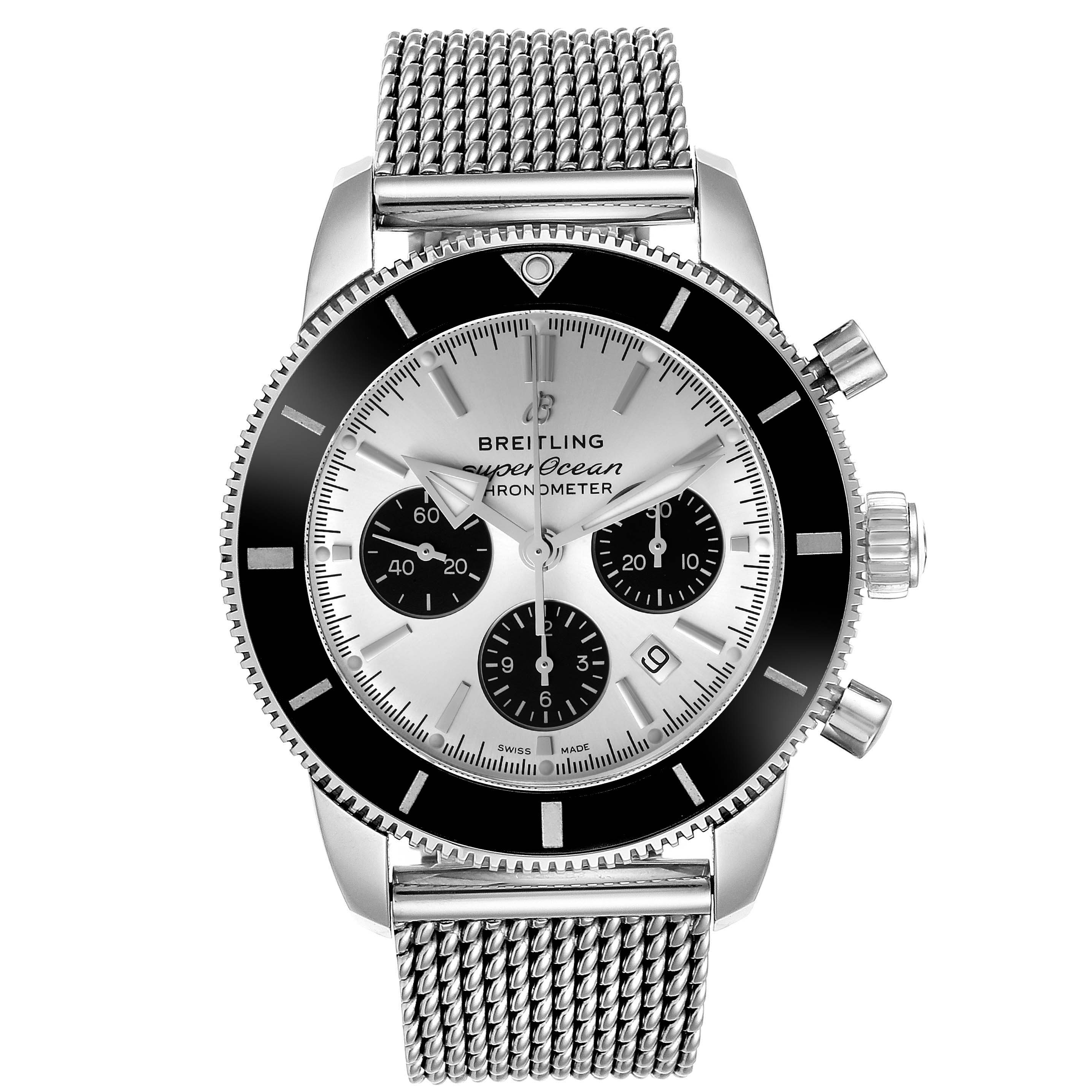 Front view of a Breitling Superocean AB0162 Men's Stainless Steel Silver Dial AB0162 Men's Stainless Steel Silver Dial watch showcasing the dial, bezel, crown, pushers, and mesh bracelet.
