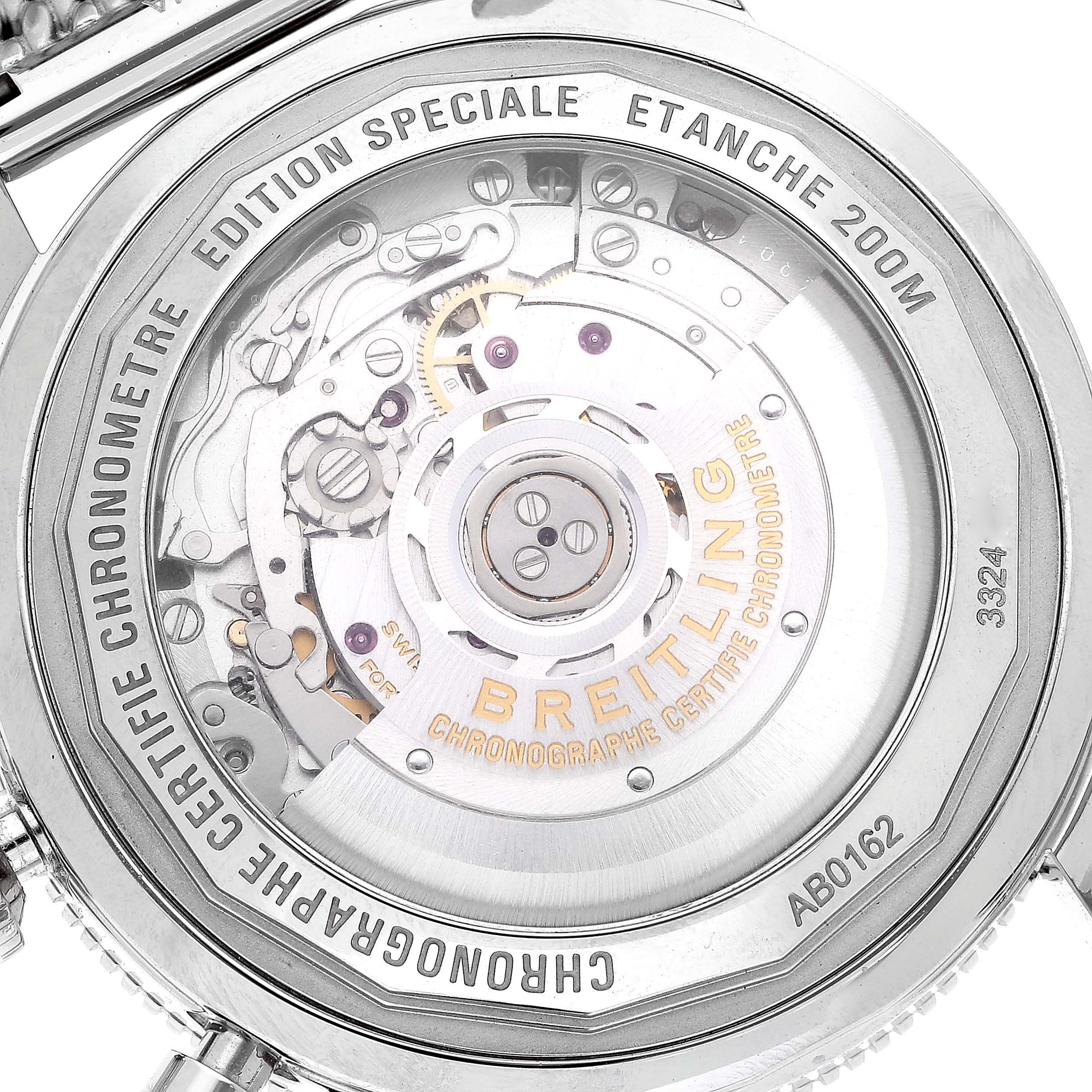 This image shows the back of a Breitling Superocean AB0162 Men's Stainless Steel Silver Dial AB0162 Men's Stainless Steel Silver Dial watch, highlighting the internal mechanical movement and engravings.