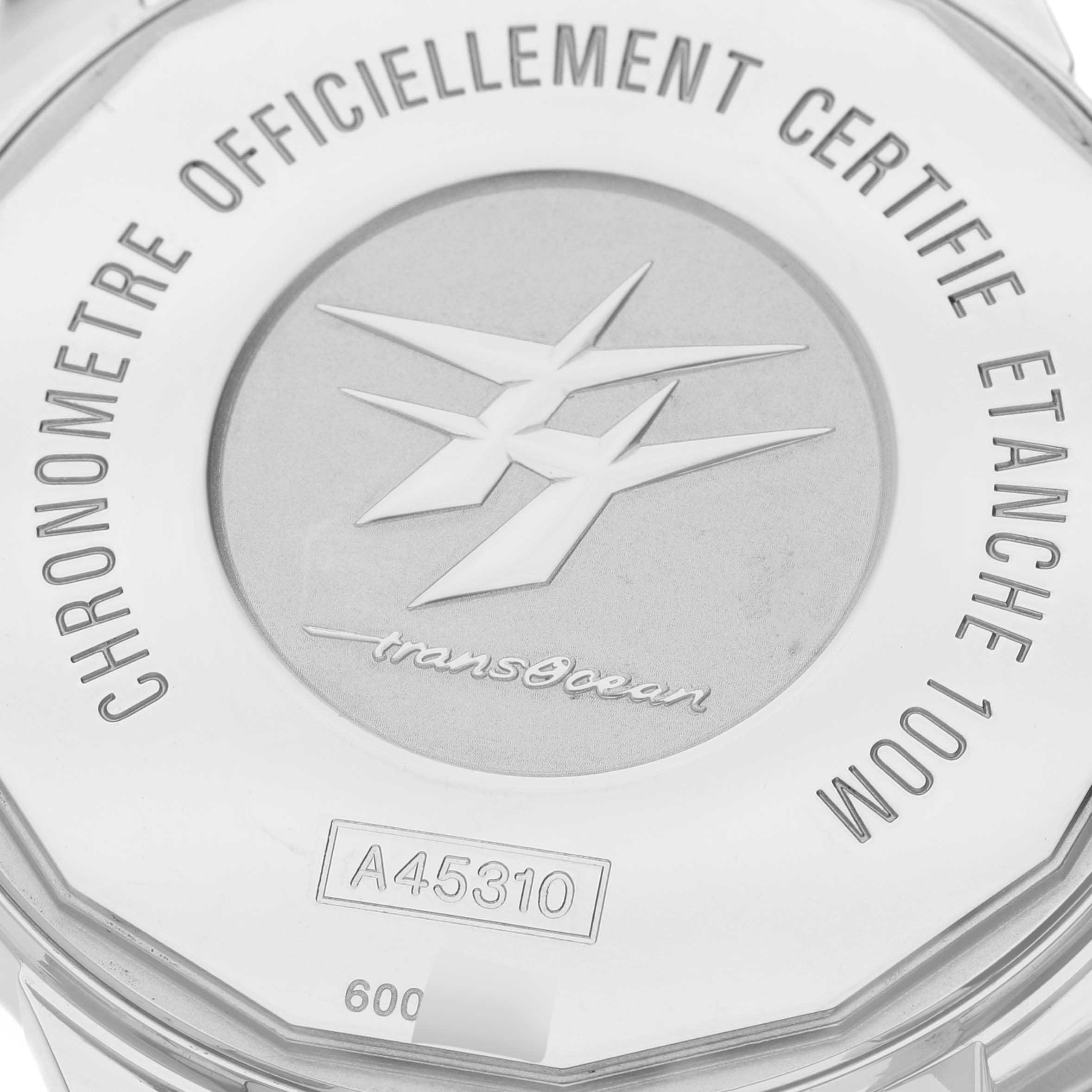 This image shows the back of the Breitling Transocean A45310 Men's Stainless Steel White Dial A45310 Men's Stainless Steel White Dial watch, highlighting its engraving and model number.