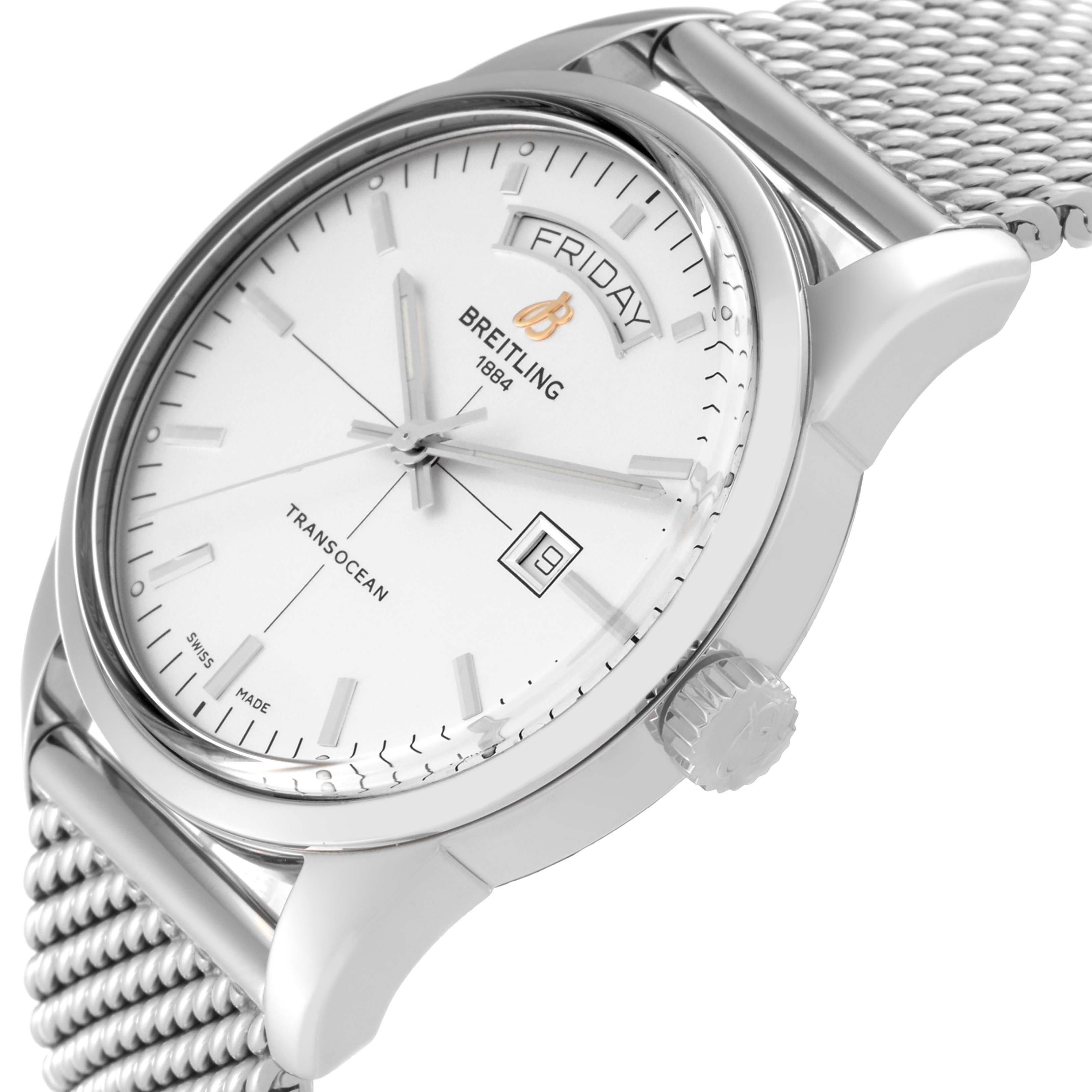 The image shows a close-up side angle of the Breitling Transocean A45310 Men's Stainless Steel White Dial A45310 Men's Stainless Steel White Dial watch, highlighting the dial, crown, lugs, and metal mesh strap.