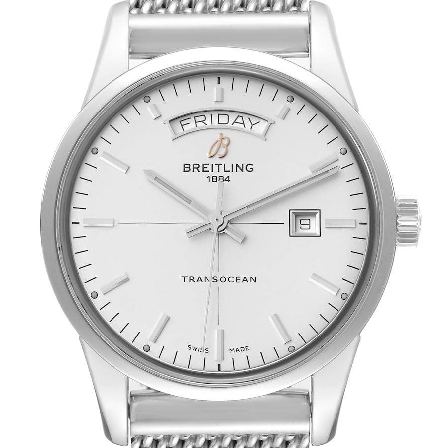 This image shows a front angle view of the Breitling Transocean A45310 Men's Stainless Steel White Dial A45310 Men's Stainless Steel White Dial watch, displaying the dial, day, date, and part of the metal bracelet.