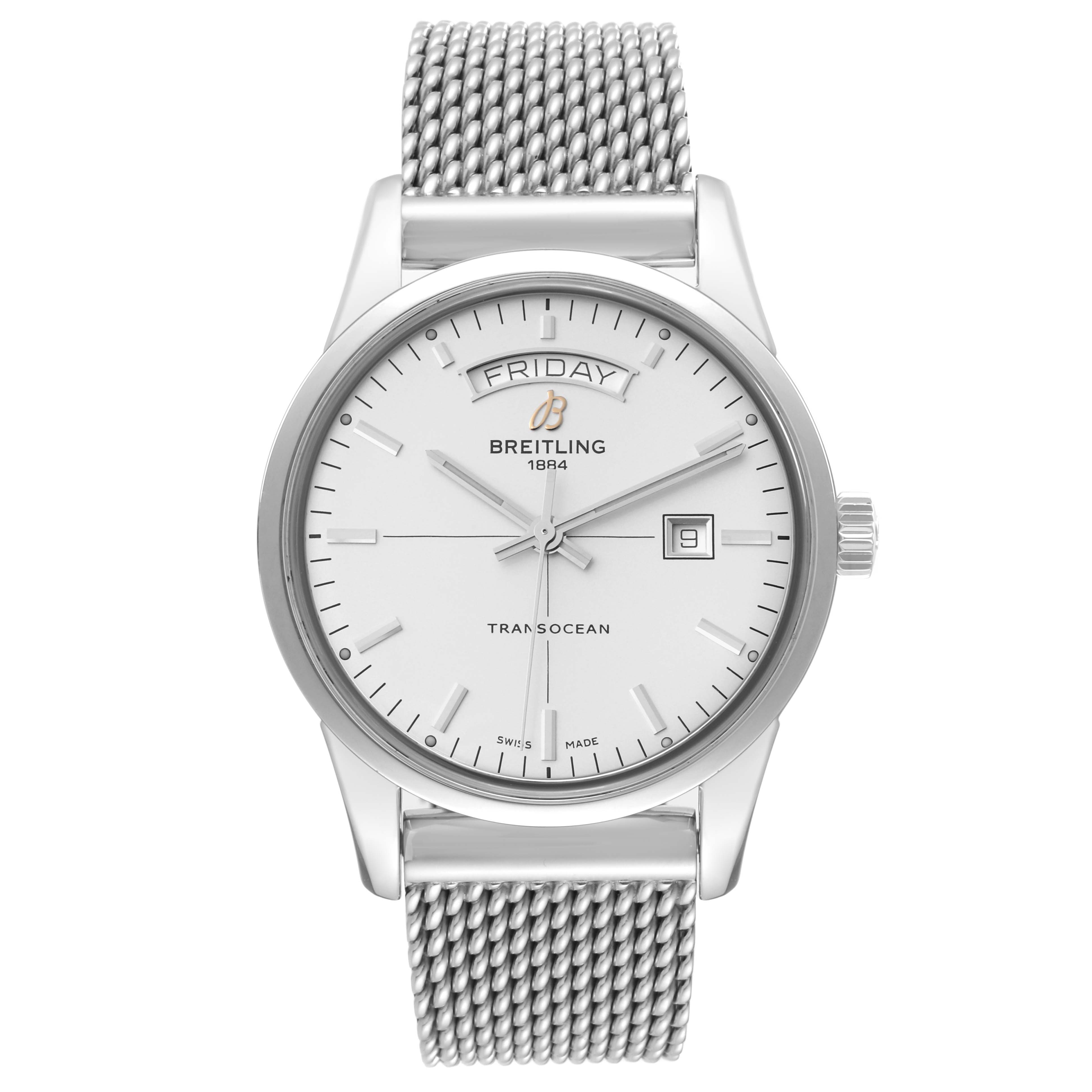 The image shows a front view of the Breitling Transocean A45310 Men's Stainless Steel White Dial A45310 Men's Stainless Steel White Dial watch, highlighting the dial, mesh bracelet, and crown.