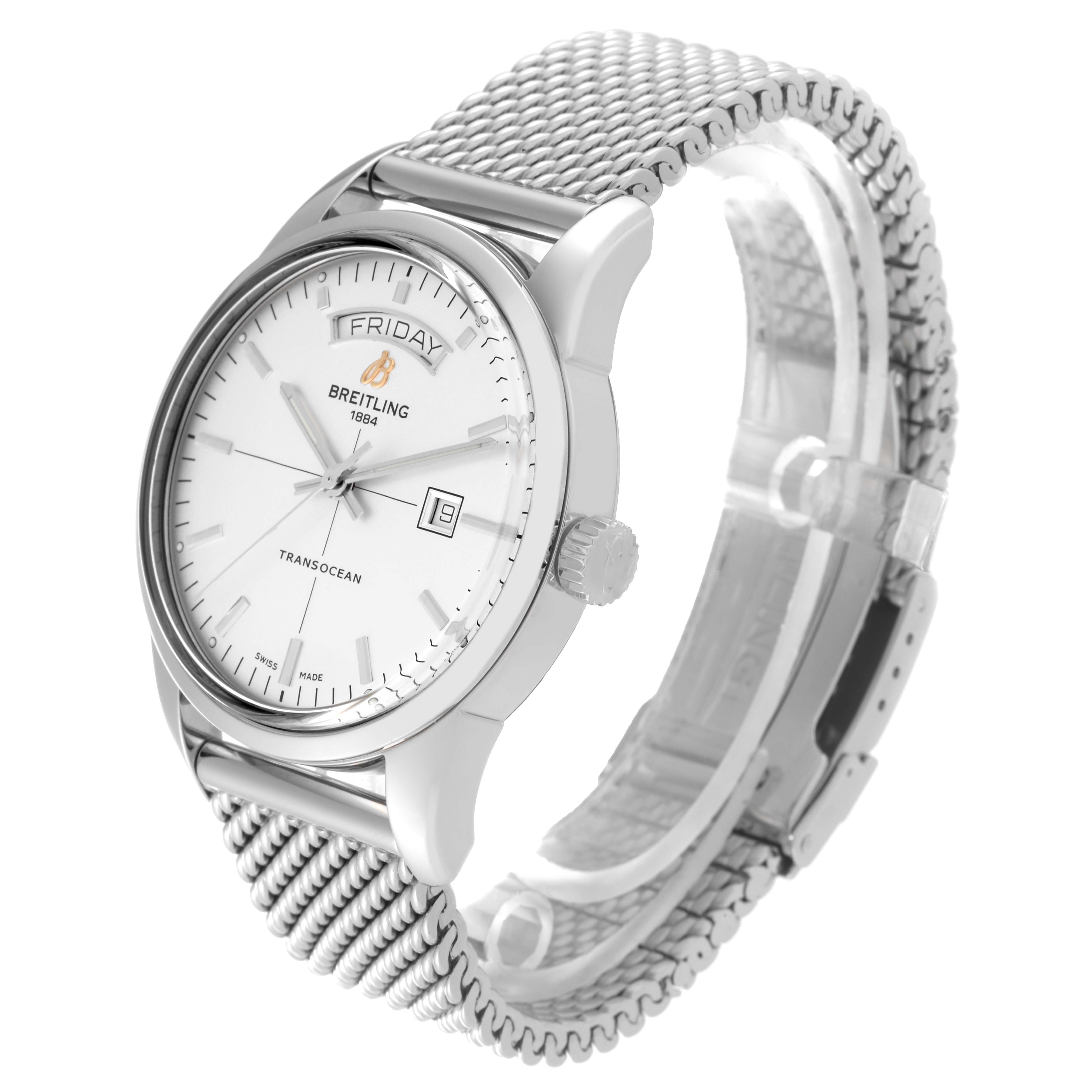 The image shows a Breitling Transocean A45310 Men's Stainless Steel White Dial A45310 Men's Stainless Steel White Dial watch at a three-quarter angle, highlighting its dial, crown, and mesh bracelet.
