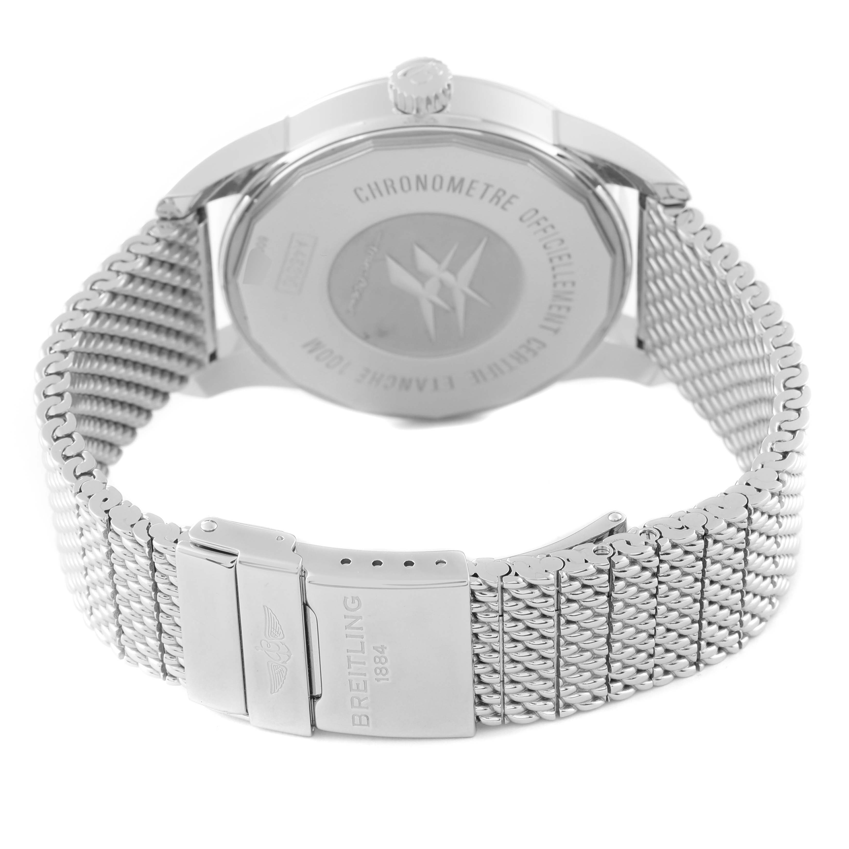 This image shows the back case and metal mesh strap of the Breitling Transocean A45310 Men's Stainless Steel White Dial A45310 Men's Stainless Steel White Dial watch.