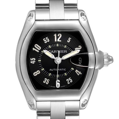 The image shows a front view of a Cartier Roadster W62004V3 Men's Stainless Steel Black Dial W62004V3 Men's Stainless Steel Black Dial model watch, depicting its face, dial, hands, and part of its bracelet.