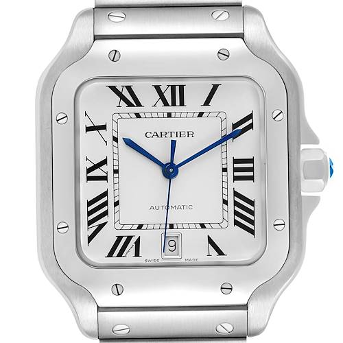 The Cartier Santos WSSA0018 Men's Stainless Steel Silver Dial watch is shown from a front angle, highlighting the dial with Roman numerals and blue hands.