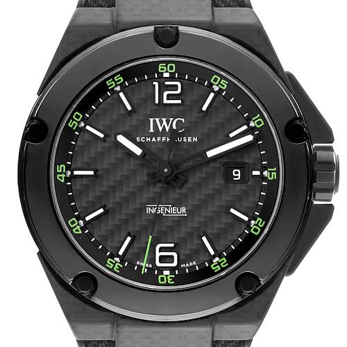 The image shows a front angle of the IWC Ingenieur IW322404 Men's Ceramic Black Dial IW322404 Men's Ceramic Black Dial watch, displaying the dial, hands, crown, and part of the strap.