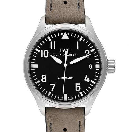 The image shows a close-up front view of the IWC Pilot IW325601 Men's Stainless Steel Black Dial IW325601 Men's Stainless Steel Black Dial model watch, displaying the face, dial, and partial strap.