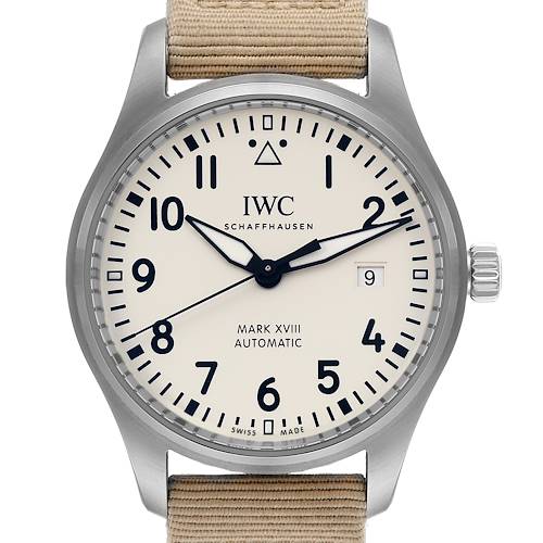The image shows a front view of the IWC Pilot IW327017 Men's Stainless Steel Silver Dial IW327017 Men's Stainless Steel Silver Dial Mark XVIII Automatic watch, highlighting its dial, hands, and date window.