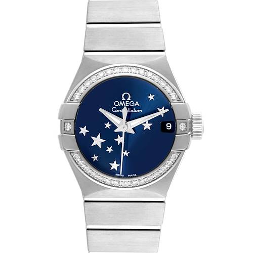 The image shows a front view of the Omega 123.15.27.20.03.001 Women's Stainless Steel Blue Dial 123.15.27.20.03.001 Women's Stainless Steel Blue Dial Constellation Orbis Star Steel Diamond Ladies Watch model 123.15.27.20.03.001.