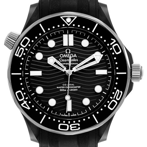 This image shows the Omega Seamaster 210.92.44.20.01.001 Men's Ceramic Black Dial 210.92.44.20.01.001 Men's Ceramic Black Dial watch's face, bezel, crown, and part of the strap from a front view.