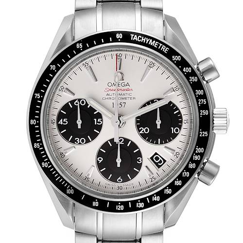 The image shows a front-facing view of an Omega Speedmaster 323.30.40.40.02.001 Men's Stainless Steel White Dial 323.30.40.40.02.001 Men's Stainless Steel White Dial watch, displaying its dial, bezel, and chronograph sub-dials.