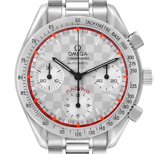 The Omega Speedmaster 3517.30.00 Men's Stainless Steel Silver Dial watch is shown from the front, highlighting the dial, tachymeter scale, subdials, and crown.
