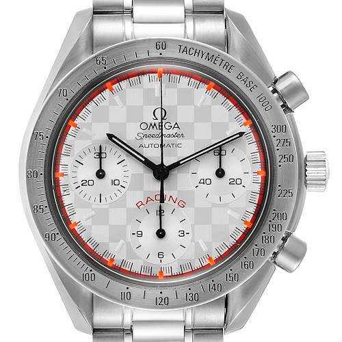 The image shows a top-down view of an Omega Speedmaster 3517.30.00 Men's Stainless Steel Silver Dial 3517.30.00 Men's Stainless Steel Silver Dial Racing watch, highlighting its face, bezel, and stainless steel bracelet.